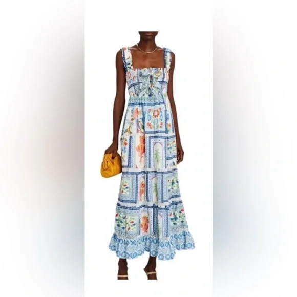 FARM Rio Tropical Tiles Smocked Maxi Dress Boho Floral Size M - Picture 1 of 12